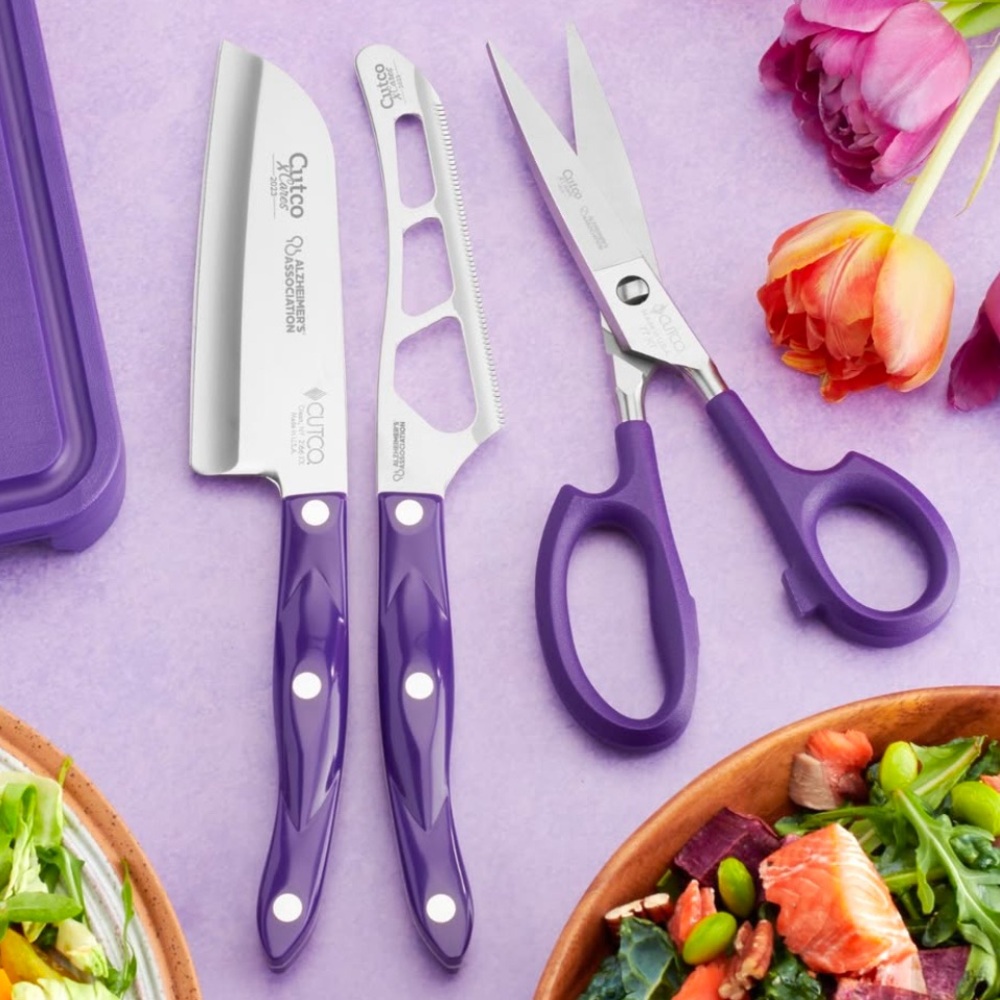 Purple Cutco 3pc Set: 2166P Petite Santoku; 1764P Cheese Knife; 77P Super Shears